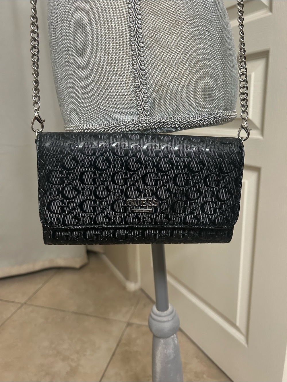 GUESS Black Monogram Chain Crossbody Wallet